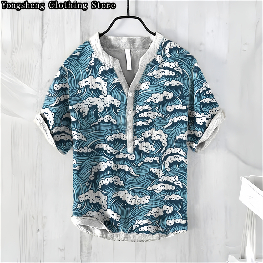 Summer Clothing Men Linen - Men's linen printed casual POLO shirt