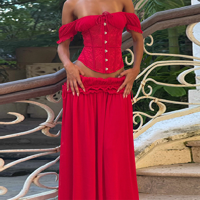 Chic Red Off Shoulder Corset T - Summer Clothing Vacation ulasan dan harga