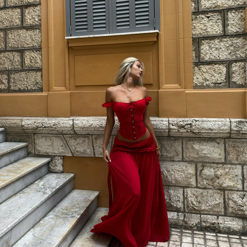 Chic Red Off Shoulder Corset T - Summer Clothing Vacation ulasan dan harga