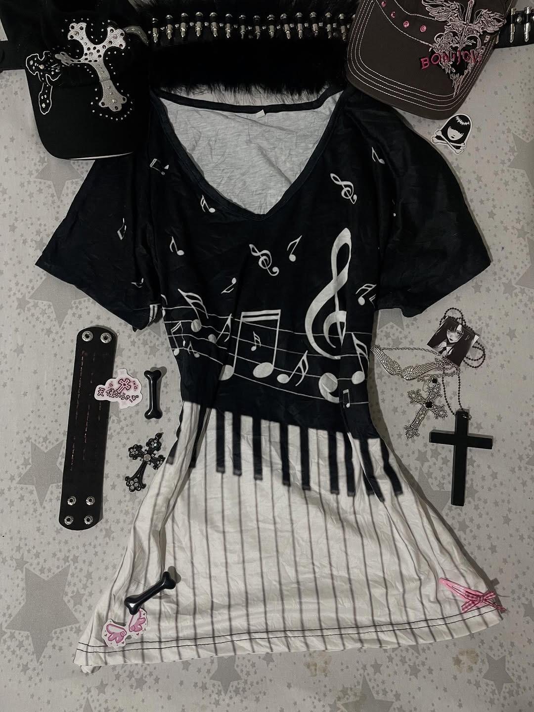 Y2K Gothic Music Tee Piano Key - Summer Grunge Clothing ulasan dan harga