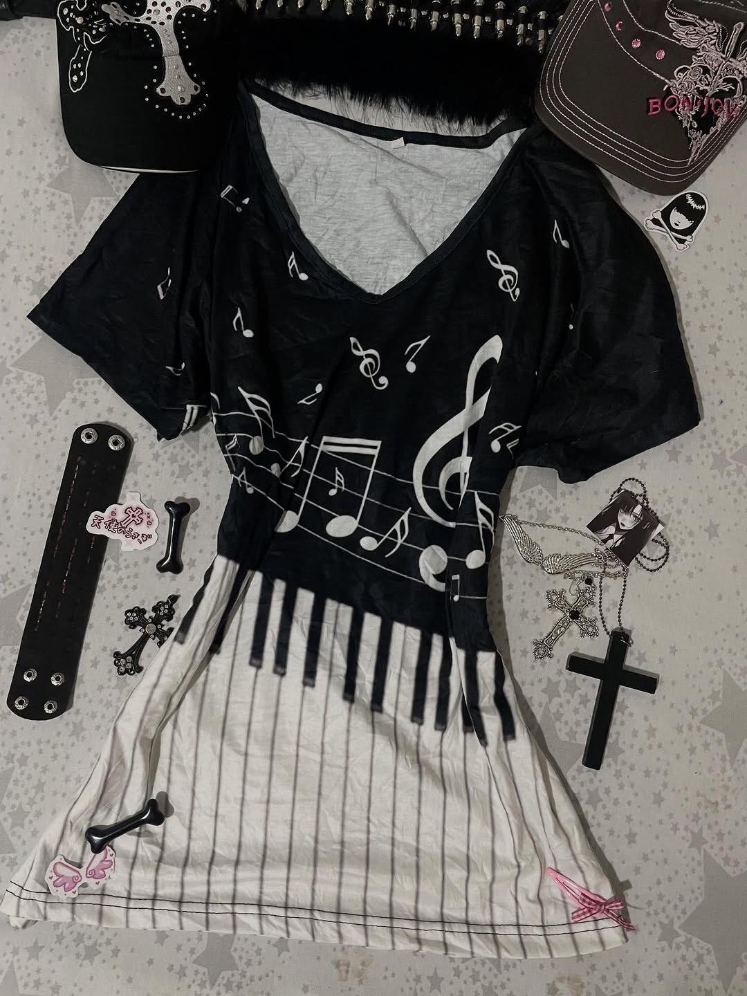 Y2K Gothic Music Tee Piano Key - Summer Grunge Clothing ulasan dan harga