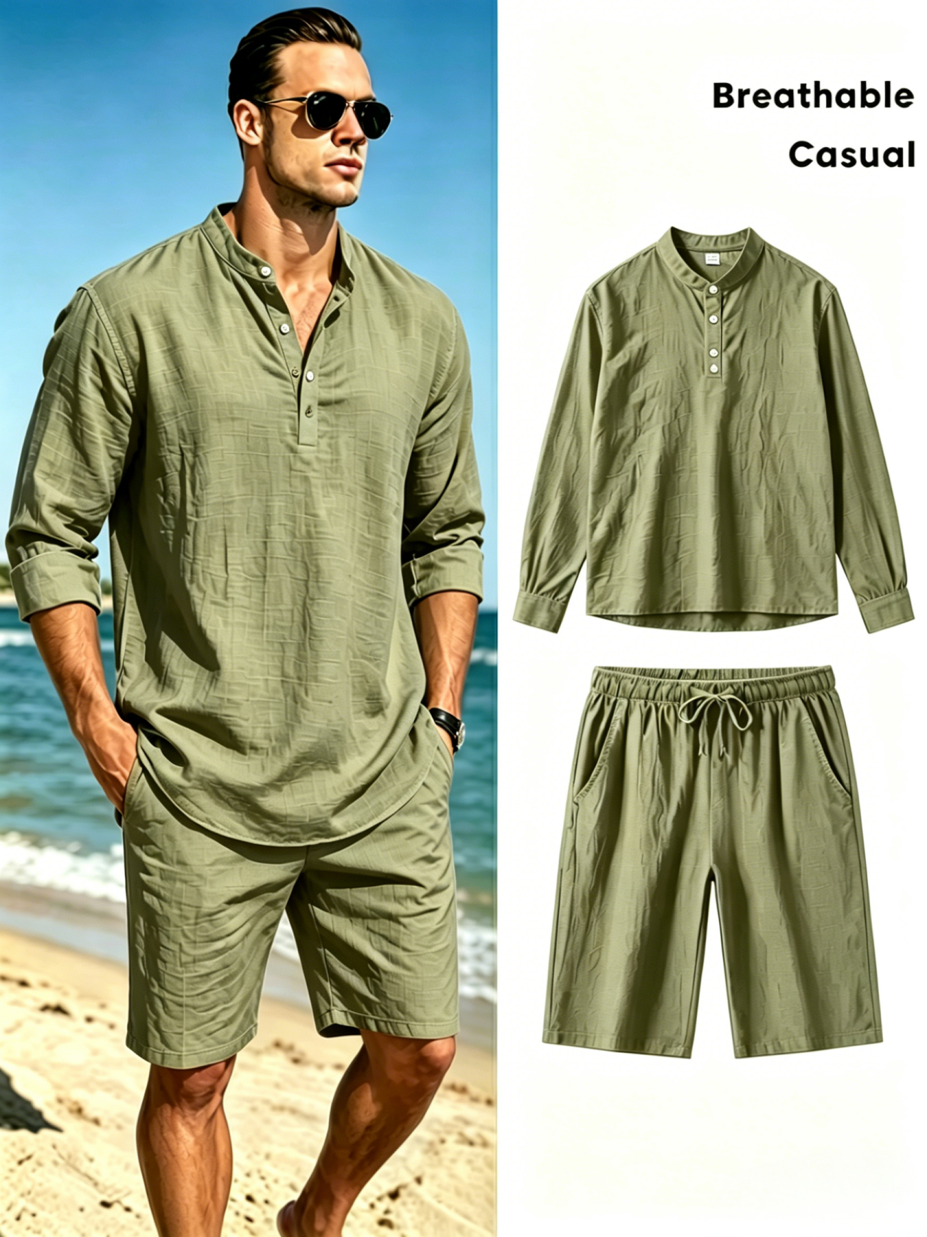 mens cotton linen henley shirt - Linen Shorts Men ulasan dan harga