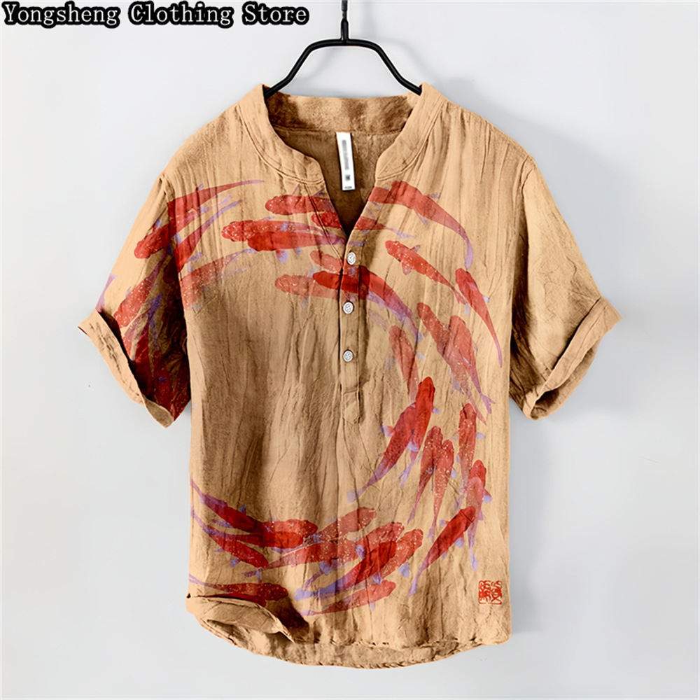 Men's linen printed casual POL - Summer Clothing Men Linen ulasan dan harga