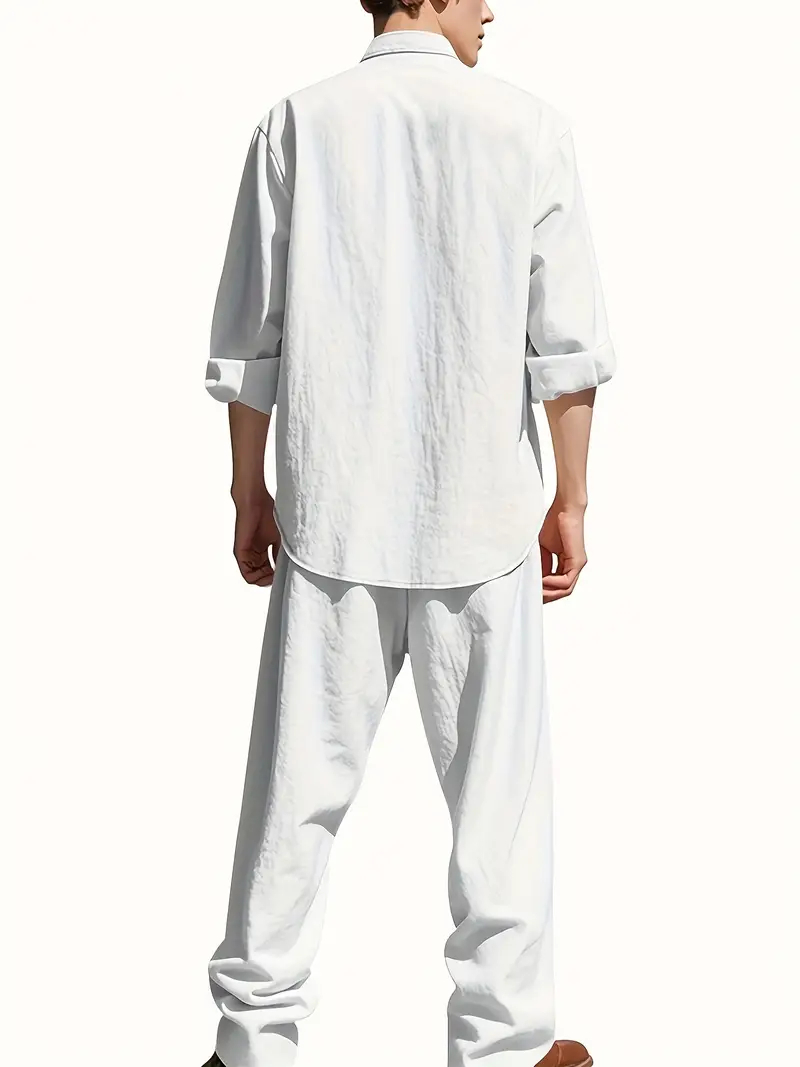 Men's White Linen Suit Set Lon - Summer Clothing Men Linen ulasan dan harga