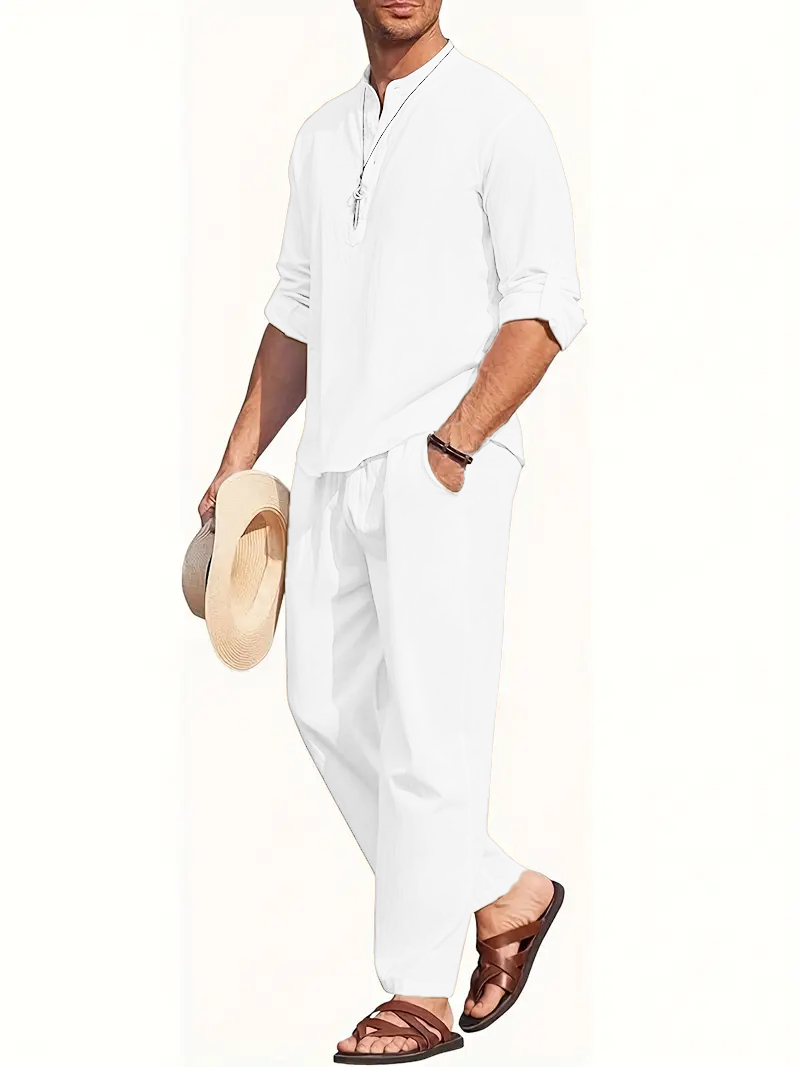 Men's White Linen Suit Set Lon - Summer Clothing Men Linen ulasan dan harga