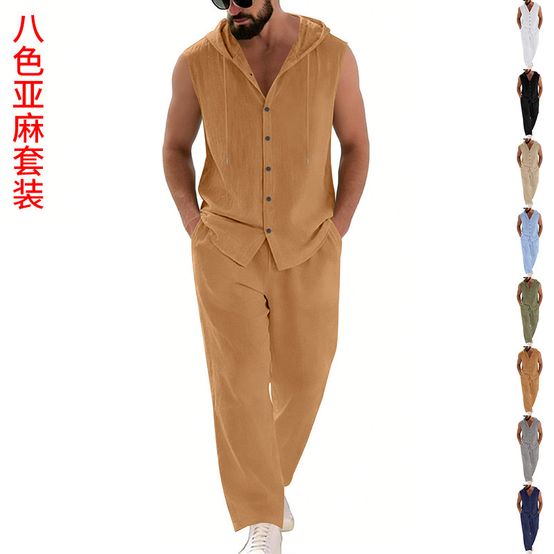 Men's Casual Linen Suit Hooded - Summer Clothing ulasan dan harga