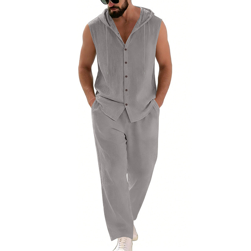 Men's Casual Linen Suit Hooded - Summer Clothing ulasan dan harga
