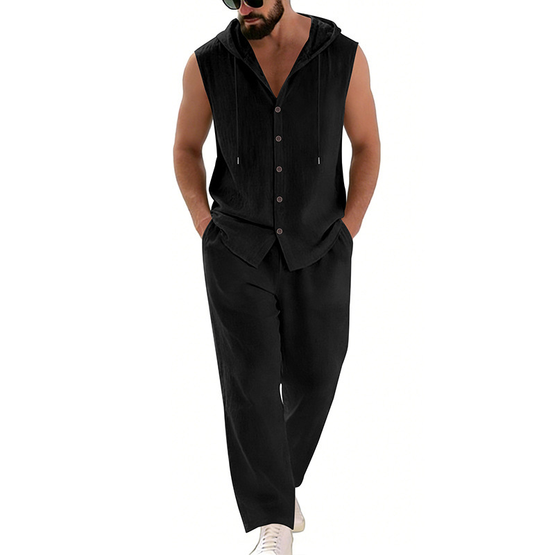 Men's Casual Linen Suit Hooded - Summer Clothing ulasan dan harga