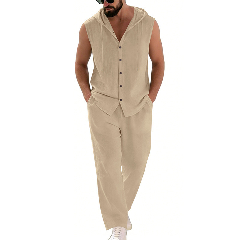 Men's Casual Linen Suit Hooded - Summer Clothing ulasan dan harga