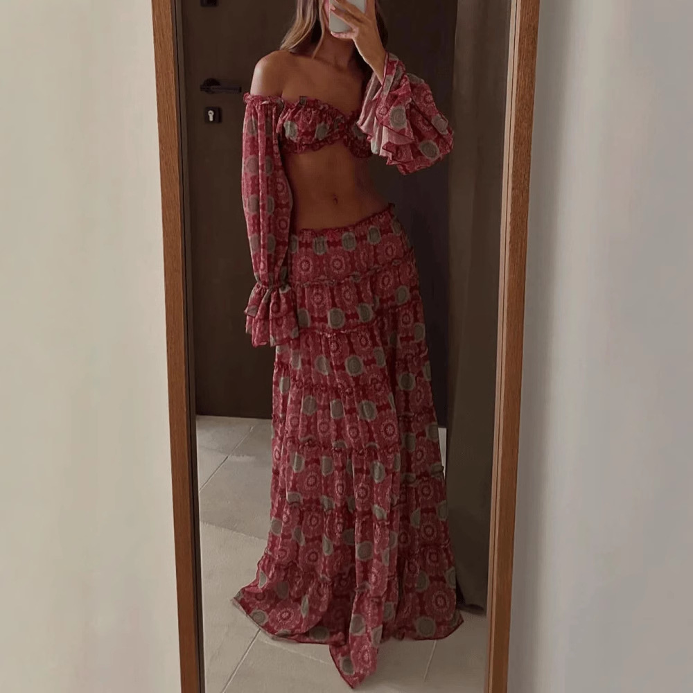 Vintage Print Skirt Two Piece  - Summer Clothing Vacation ulasan dan harga