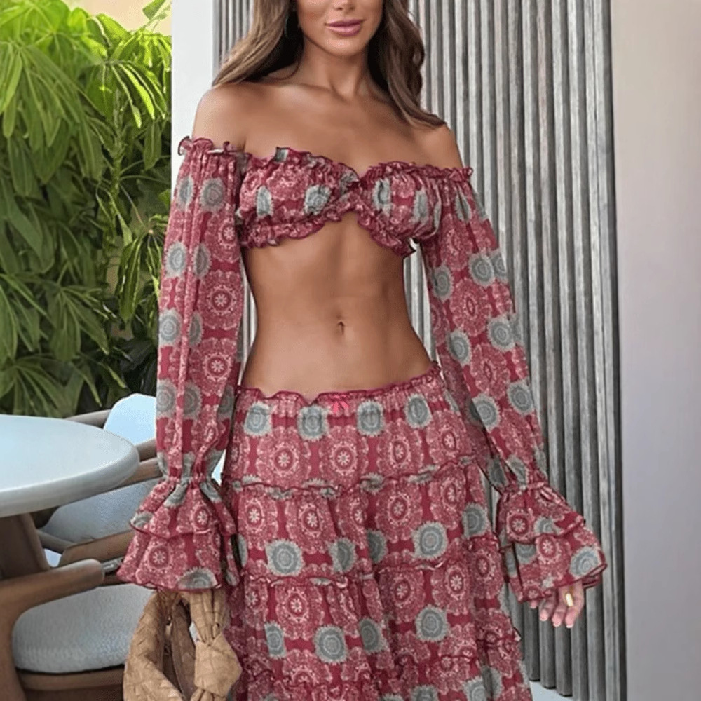 Vintage Print Skirt Two Piece  - Summer Clothing Vacation ulasan dan harga