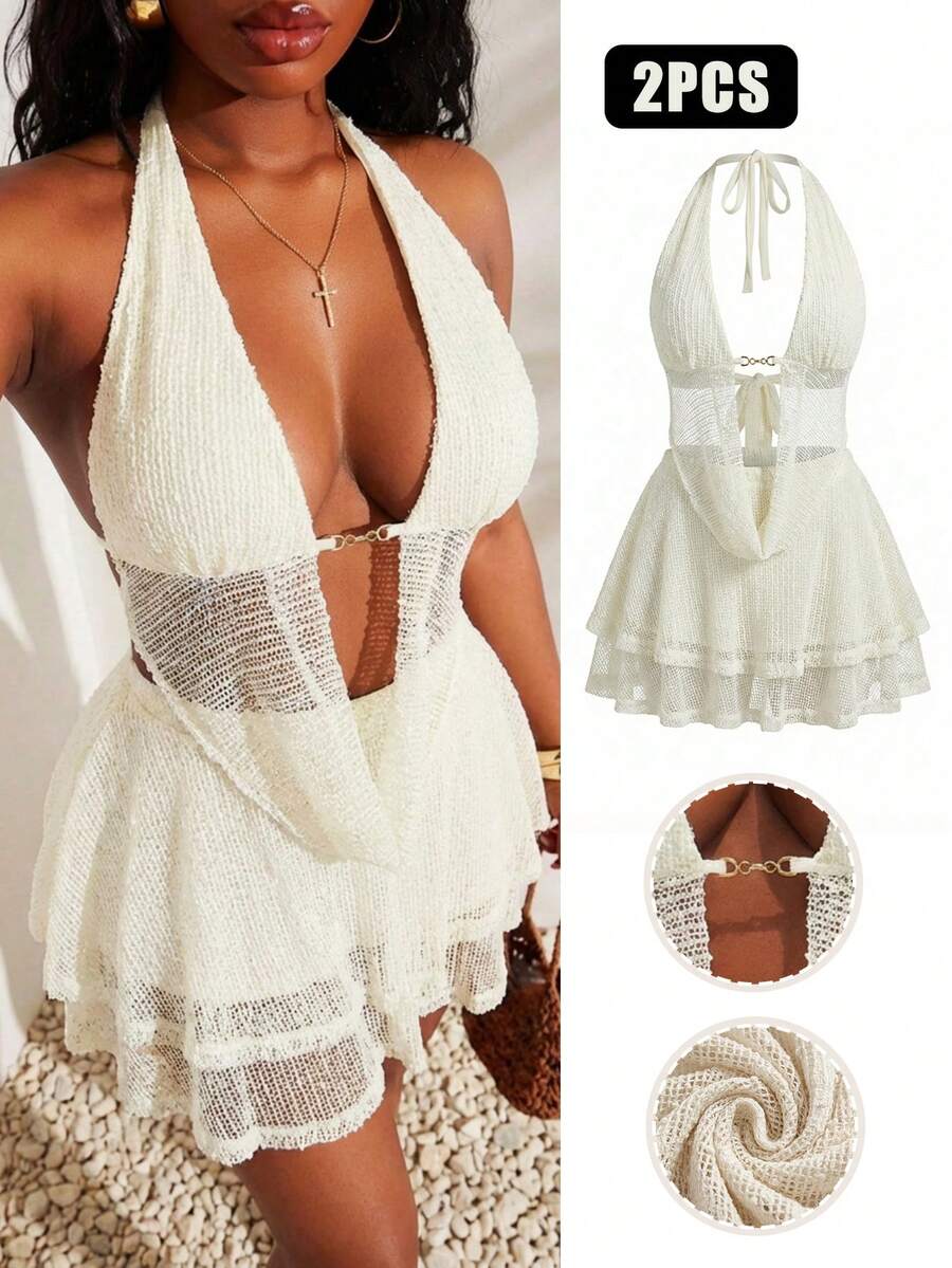 White Knitted Two-Piece Set Ha - Halter Neck Top ulasan dan harga